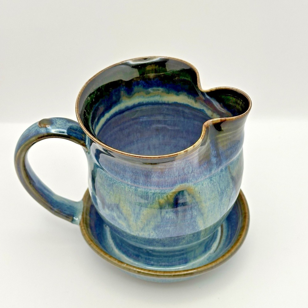 Signed Studio Pottery Gravy Boat Attached Underplate Blue Teal Art Pottery - Picture 2 of 9